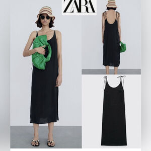 New Zara Black Sleeveless Dress Strappy Side Slit Scoop Neck Midi Dress